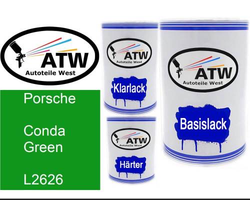 Porsche, Conda Green, L2626: 500ml Lackdose + 500ml Klarlack + 250ml Härter - Set, von ATW Autoteile West.